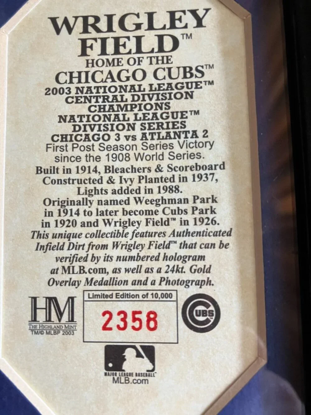 2003 Chicago Cubs Playoff Commemorative Framed Photo, Medallion, Wrigley Dirt